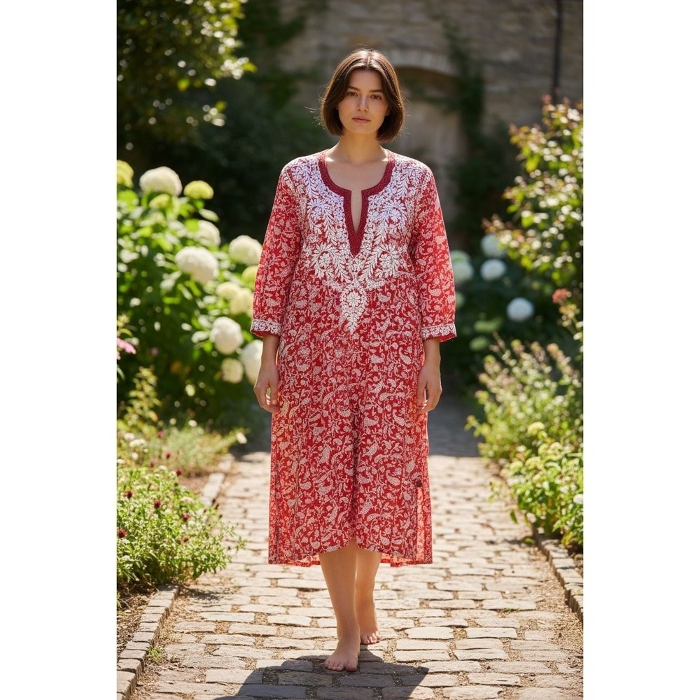 Amaye Tunic Dress 46 Red White Floral Block Print Embroidered Boho XL Excellent